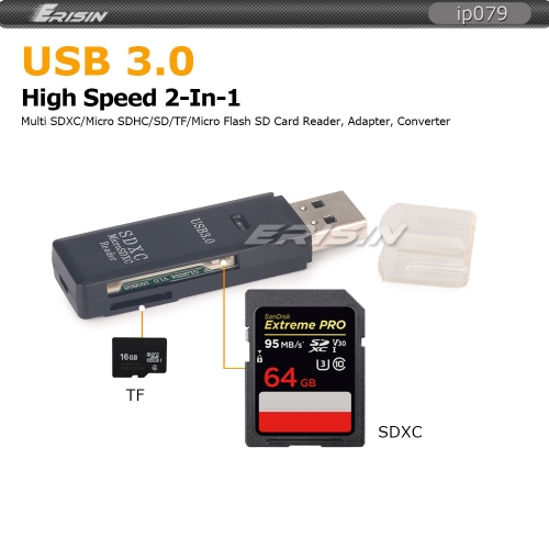Lecteur de carte mémoire Erisin IP079 USB 3.0 2 en 1 TF TF / SD / Micro SD / SDHC / SDXC Fast Speed