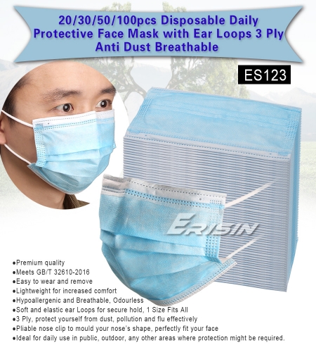 Masque facial Erisin ES123 20 pcs jetable de protection quotidienne avec boucles d'oreille 3 plis Air Anti-poussière respirant CE