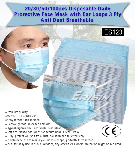 Masque facial Erisin ES123 50 pcs jetable de protection quotidienne avec boucles d'oreille 3 plis Air Anti-poussière respirant CE