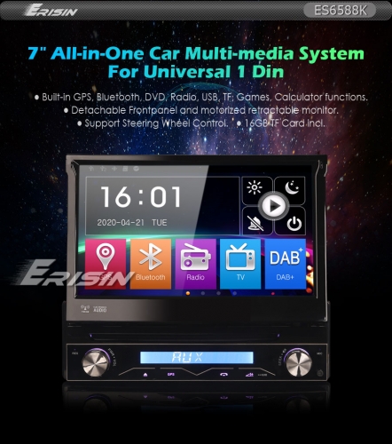 Erisin ES6588K 7" Autoradio 1 Din Detachable DAB+DVD Radio USB SD GPS Bluetooth RDS DTV SatNav