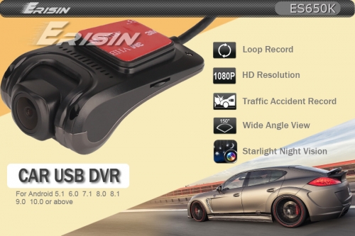 Erisin ES650K DVR Dash USB pour Android 5.1-10.0 Autoradio DVD Sat Navi 1080P HD Vision nocturne 150 ° avec carte mémoire 16 Go TF pour