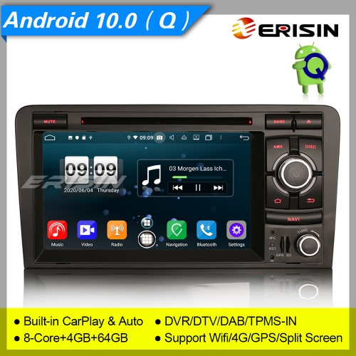 Android 10.0 Autoradio Audi A3 S3 RS3 RNSE-PU DAB+CarPlay 4G BT DSP TPMS 2-UI 7" Erisin ES8737A