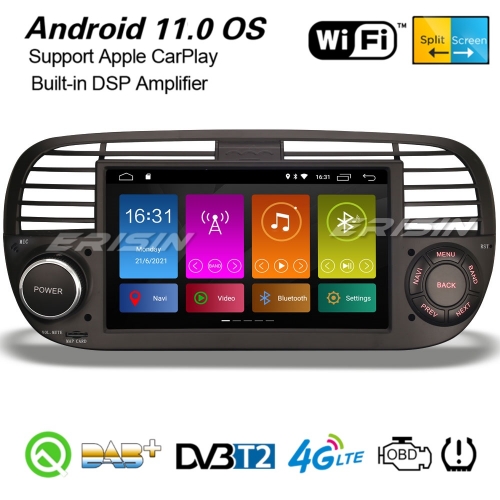 Erisin ES3050FB GPS SWC CarPlay Android 11.0 Fiat 500 2008-2015 Autoradio DAB+ OBD  DSP 7" TPMS Wifi Bluetooth Mirror DVR CAM Split